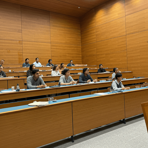 University seminar hall with students listening to mentor